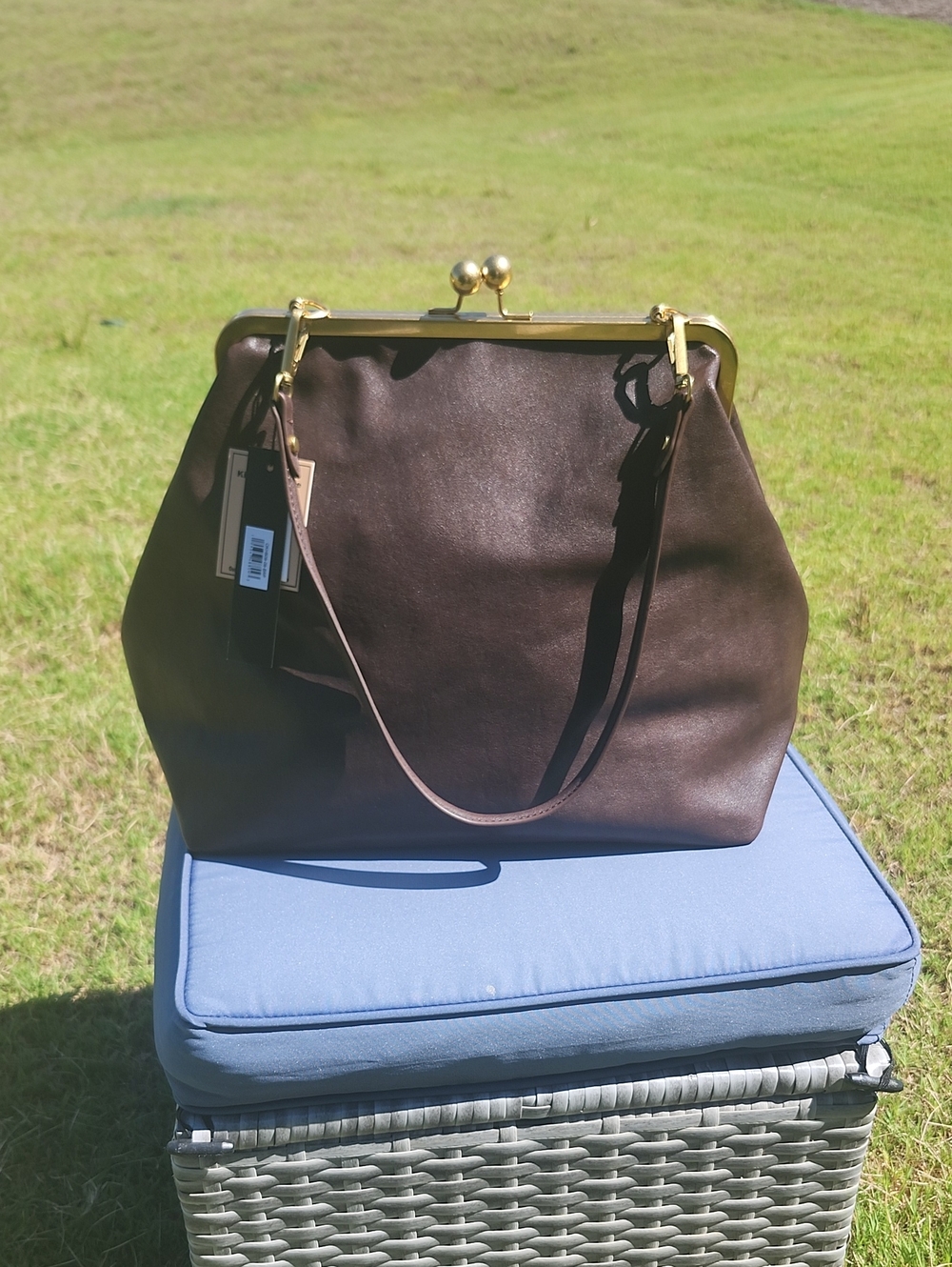 Olivia + Kate Classic Brown Kisslock Frame-Top Leather Tote Bag